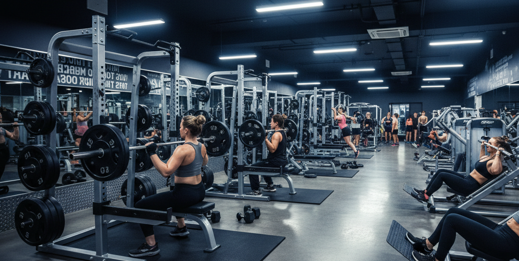Gimnasio con maquinaria de pesas y gente entrenando