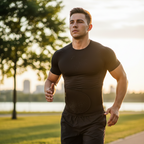 Hombre con cinturón sauna corriendo