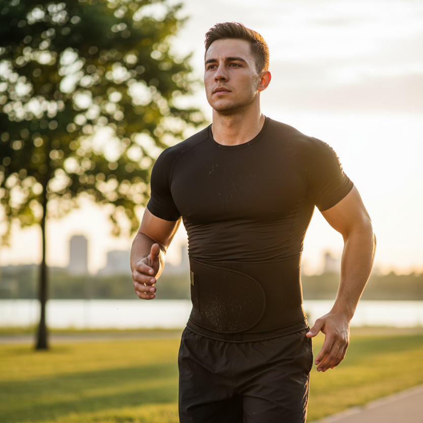 Hombre con cinturón sauna corriendo